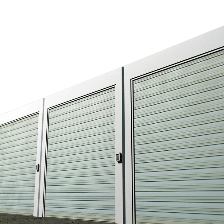 Row of secure roll-up storage unit doors with keypad entry