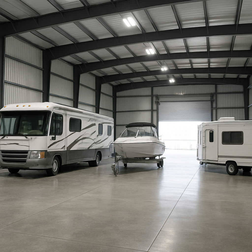 Spacious, clean heated indoor storage building with an RV, a boat, and a camper parked inside at Heinen Storage