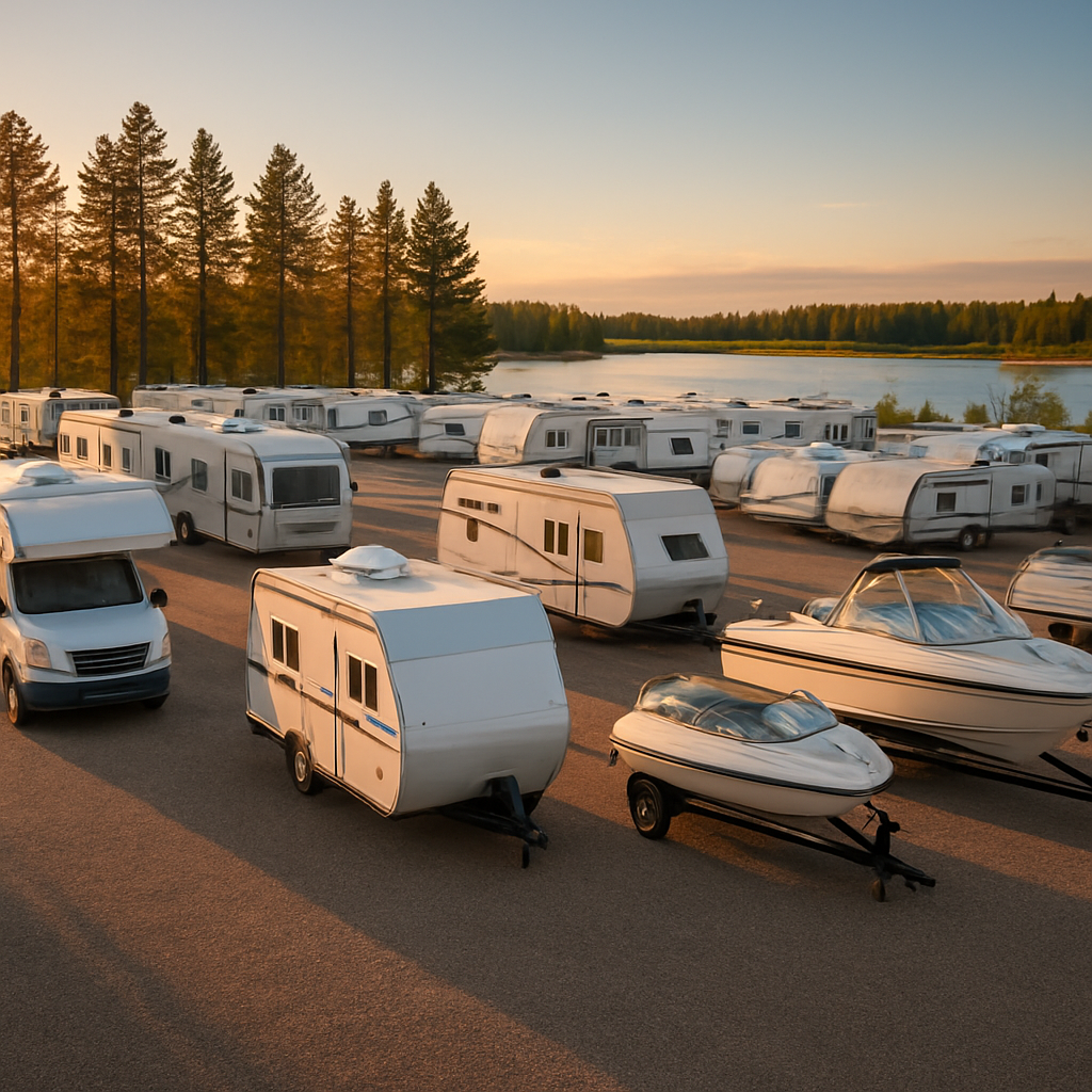 Heinen Storage outdoor lot with RVs, campers, and boats parked in neat rows